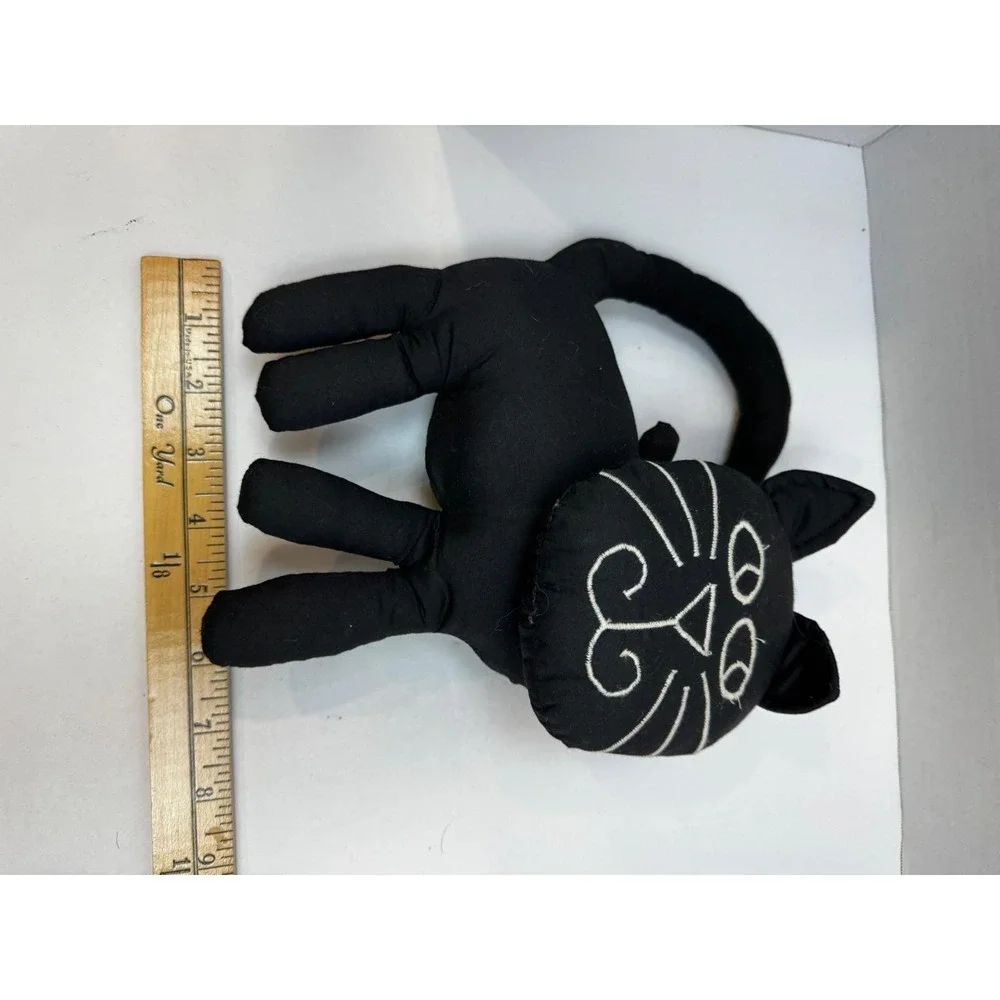 VTG Handmade Black Cloth Cat Plush Folk Art Stuffed Animal Embroidered Halloween